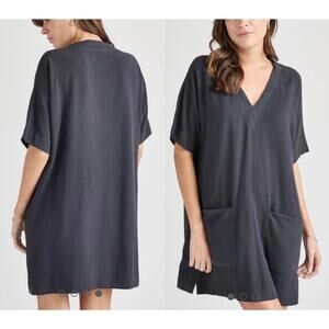 Splendid Black Linen Blend Shirt Dress Lagenlook V-Neck Boxy Fit Minimalist M